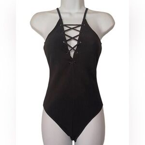Express Lace Up Criss Cross Sleeveless Stretchy Black Bodysuit, Classy & Chic 🖤